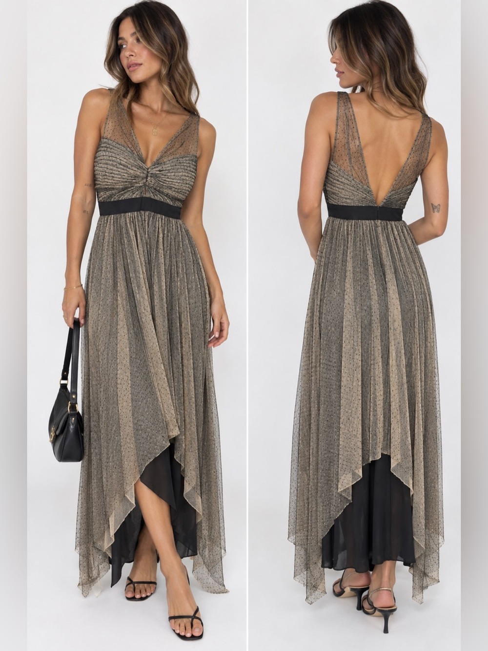 Fairy Goth Elegant Black and Gold Mesh Maxi Dress with V-Neck